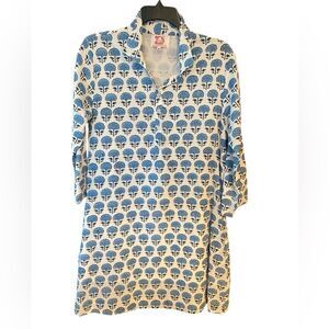 Victoria Dunn Sz M Blue White Feminine Boho Cotton Flowy Statement Pocket Dress